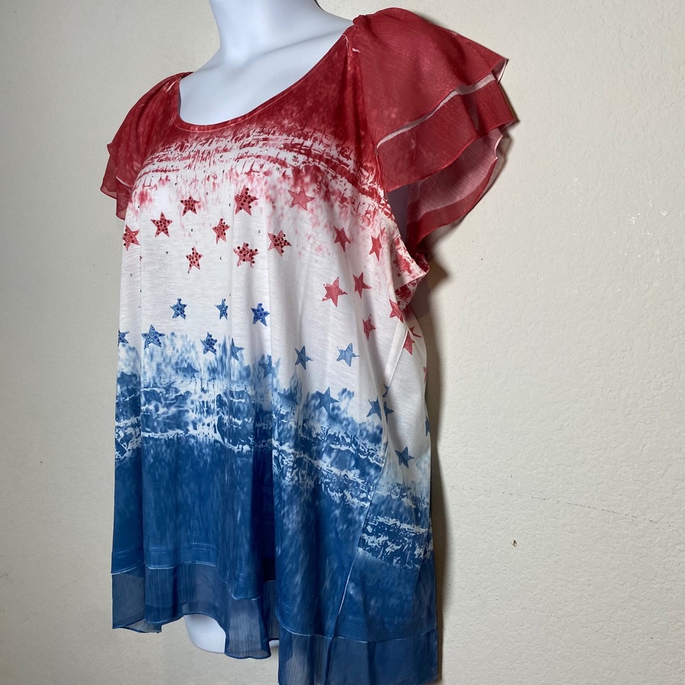 Indigo Soul Stars Blouse 2XL Red White Blue Womens Americana Flutter Rhinestone